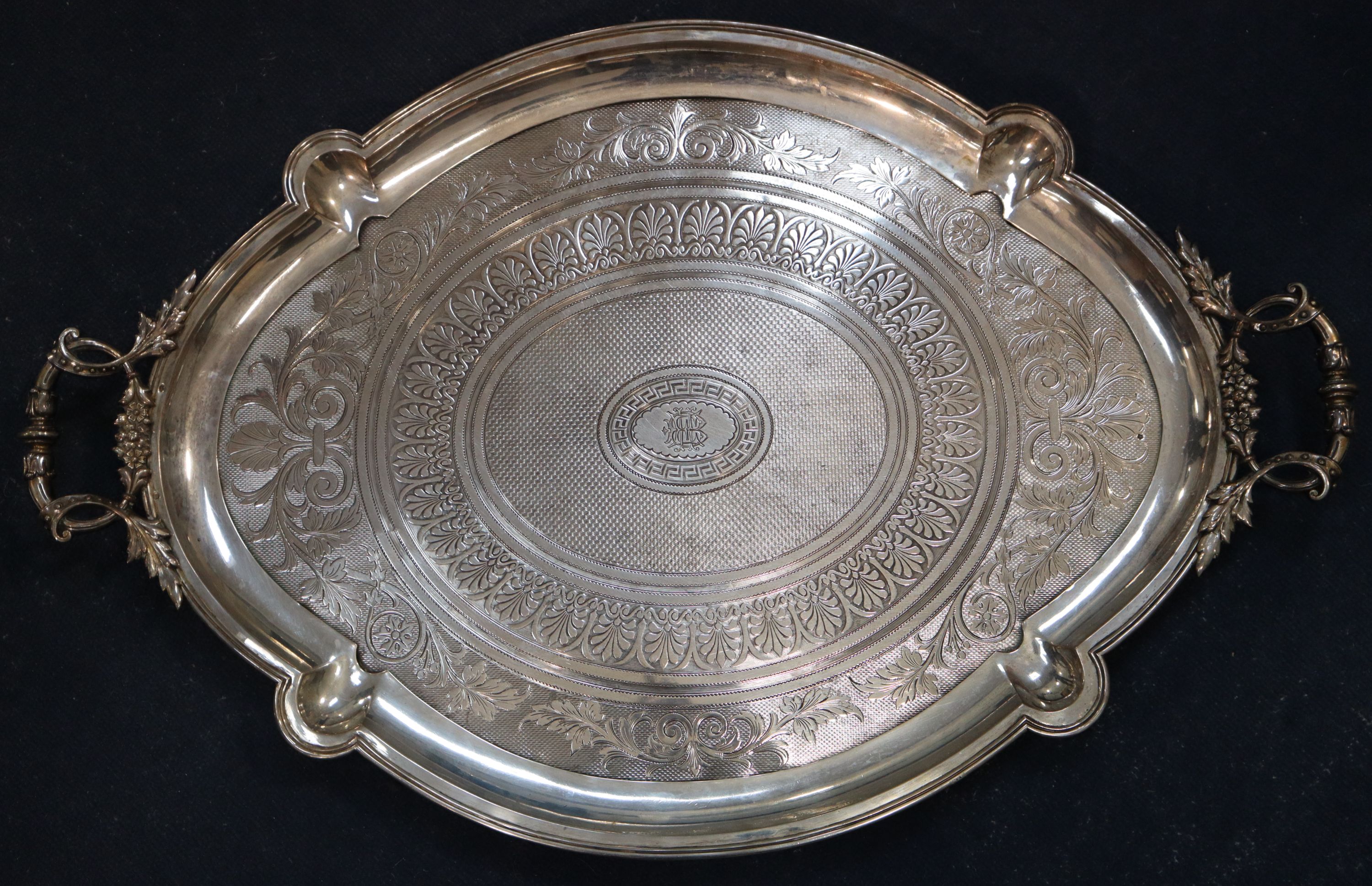 An Austro-Hungarian two handled oval 800 white metal tray, c.1880, with inset wooden base, width 68.6cm, gross 70oz.